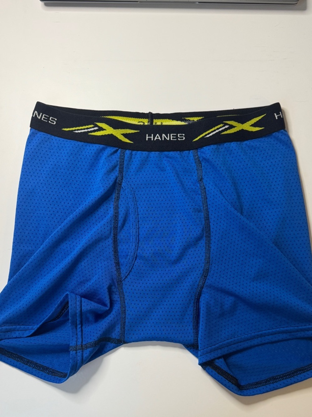 Hanes Men's Blue Boxer Briefs with Black Waistband and Yellow Logo